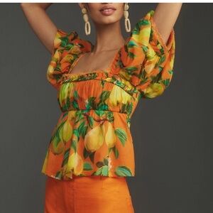 FarmRio Orange Pear Print Puff Sleeve Top NWOT